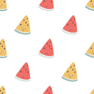 Üçgen karpuz karakterli, gülen yüzlü, pürüzsüz bir şekil. Safça çizilmiş bir çizgi film karalaması. Çocuklar için pastel palette vektör çizimleri. Beyaz arka planda sevimli meyveler