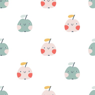 Yeşil elma karakteri, gülen yüzlü, pürüzsüz desen. Safça çizilmiş bir çizgi film karalaması. Çocuklar için pastel palette vektör çizimleri. Beyaz arkaplandaki tatlı meyveyi ayır