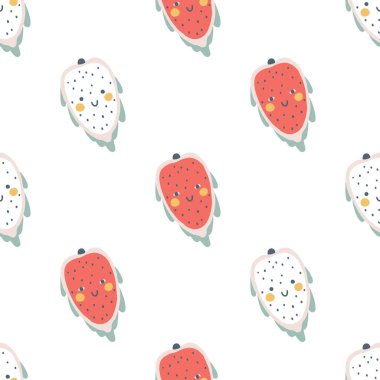 Ejderha meyvesi karakteri, gülen yüzlü, pürüzsüz bir şekil. Safça çizilmiş bir çizgi film karalaması. Çocuklar için pastel palette vektör çizimleri. Beyaz arkaplandaki tatlı meyveyi ayır