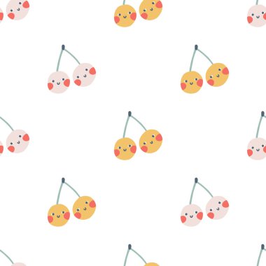 Gülen suratlı, kirazlı, pürüzsüz bir karakter. Safça çizilmiş bir çizgi film karalaması. Çocuklar için pastel palette vektör çizimleri. Beyaz arkaplandaki tatlı meyveyi ayır