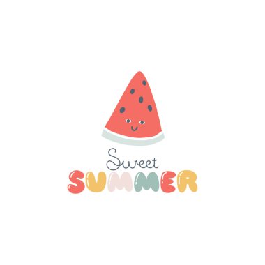 Gülen suratlı, komik yazıtlı üçgen karpuz karakteri. Tatlı Summer. Elle çizilmiş karikatür. Saf bir stil. Çocuklar için vektör çizimleri. Beyaz arkaplandaki tatlı meyveyi ayır