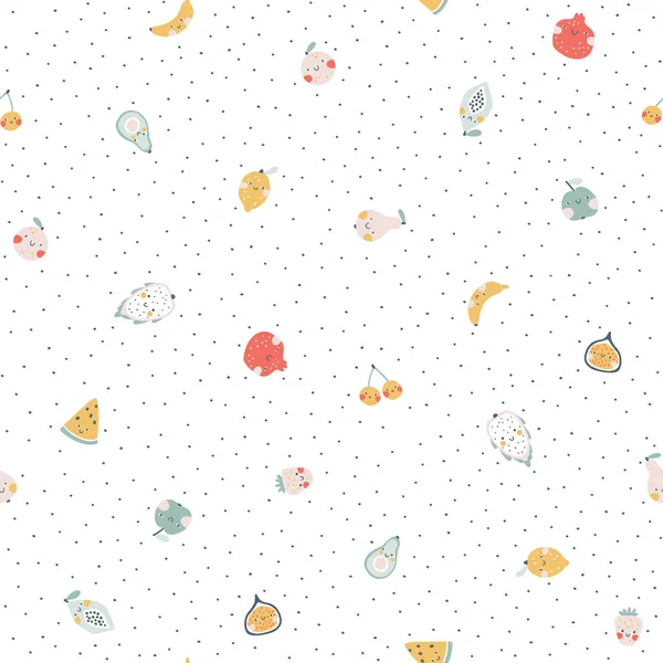 Fruchtnahtloses Muster Vector Cartoon Minimalistischen Hintergrund Mit Niedlichen Lächelnden Fruchtfiguren — Stockvektor