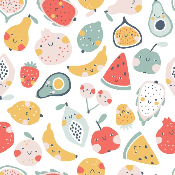 Fruits Tropicaux Motif Sans Couture Fond Coloré Dessin Animé Vectoriel — Image vectorielle