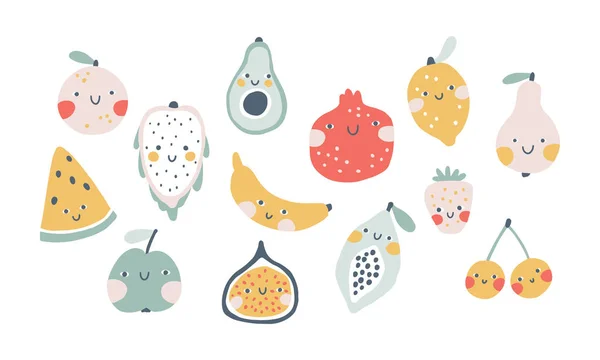 Tropische Süße Früchte Set Handgezeichneter Einfacher Cartoon Doodle Stil Für — Stockvektor