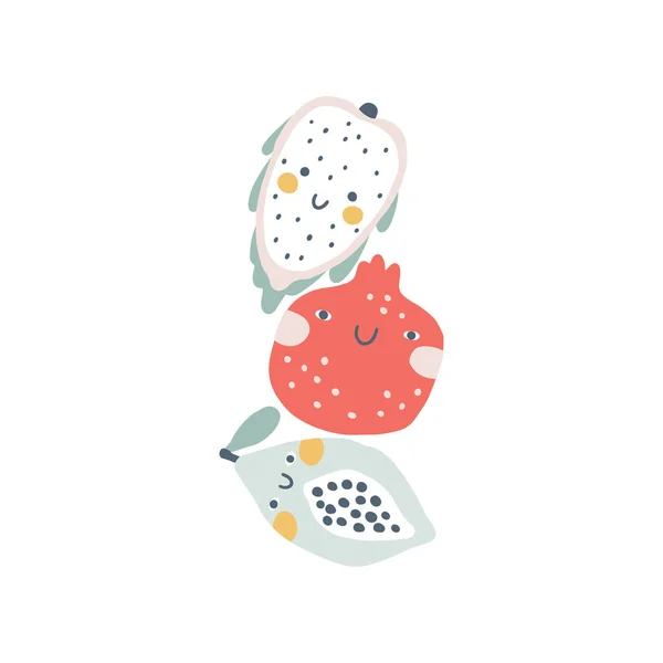 Composición Tropical Frutas Lindas Dibujos Animados Estilo Garabato Simple Dibujado — Vector de stock