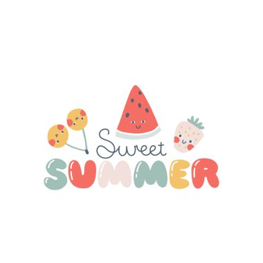 Gülen suratlı, komik yazıtlı meyve karakterleri. Tatlı Summer. Safça çizilmiş bir çizgi film karalaması. Çocuklar için vektör çizimleri. Beyaz arkaplandaki tatlı meyveyi ayır