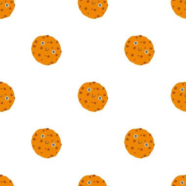 Çikolata parçalı kurabiyeler kusursuz, sevimli bir gülümseme. El yapımı çocuk çizgi filmi doodle kawaii tatlı karakteri. Saf bir şekilde çocuksu vektör çizimi. Yazdırmak için mükemmel