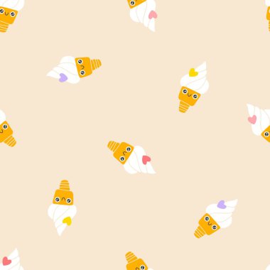 Dondurma külahları pürüzsüz desenli sevimli bir gülümseme. El yapımı çocuk çizgi filmi doodle kawaii tatlı karakteri. Saf bir şekilde çocuksu vektör çizimi. Yazdırmak için mükemmel