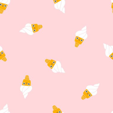 Dondurma külahları pürüzsüz desenli sevimli bir gülümseme. El yapımı çocuk çizgi filmi doodle kawaii tatlı karakteri. Saf bir şekilde çocuksu vektör çizimi. Yazdırmak için mükemmel