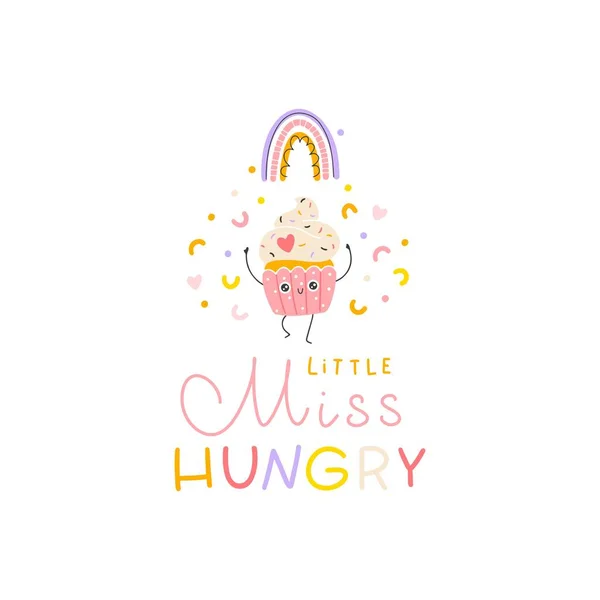 stock vector Cupcake with candy sprinkles cute smile. Postcard with lettering. Little Miss Hungry. Hand drawn cartoon doodle kawaii fast food character. Childish illustration, simple naive style. Vector isolate