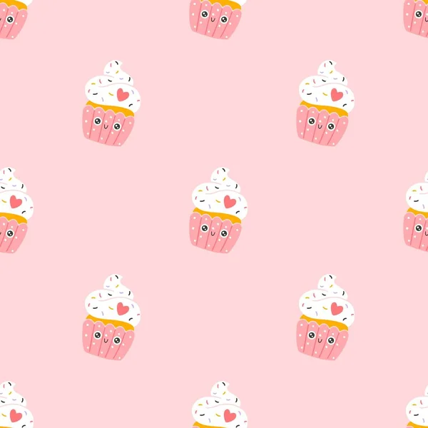 Cupcake Bezszwowy Wzór Cukierkami Posypuje Ładny Uśmiech Ręcznie Rysowane Bazgroły — Wektor stockowy