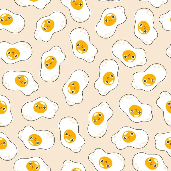 Smażone Jajko Bez Szwu Wzór Ładny Uśmiech Ręcznie Rysowane Bazgroły — Wektor stockowy