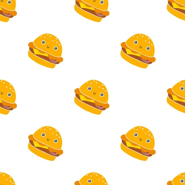 Cheeseburger Hambúrguer Sem Costura Padrão Sorriso Bonito Desenhado Mão Desenho — Vetor de Stock