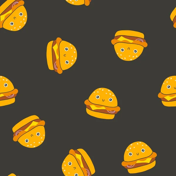 Cheeseburger Burger Sømløse Mønster Søde Smil Håndtegnet Børnehave Tegneserie Doodle – Stock-vektor