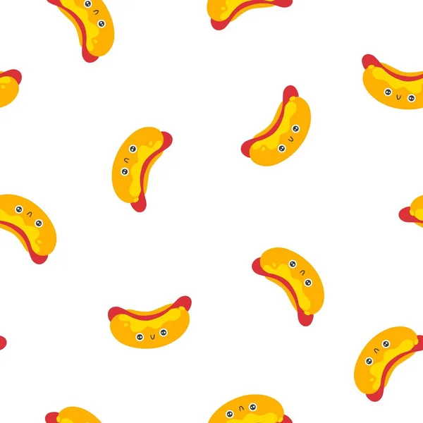 American Hot Dog Sem Costura Padrão Bonito Sorriso Desenhado Mão — Vetor de Stock