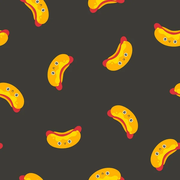 American Hot Dog Patrón Sin Costuras Linda Sonrisa Personaje Dibujado — Archivo Imágenes Vectoriales