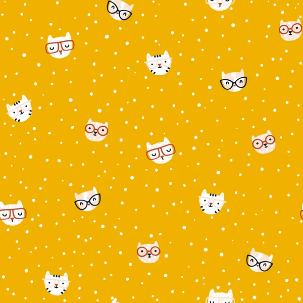 聪明的猫无缝模式 可爱的小猫戴眼镜 孩子们在一个简单的手绘天真的卡通斯堪的纳维亚风格的人物 面团调色板 橙色背景 婴儿织物 纺织品 — 图库矢量图片