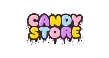 Şekerci Dükkanı. Eski moda graffiti tarzında kısa bir slogan. Kabarcıklı el, siyah felçli harfler ve boya lekeleri çizdi. Beyaz arkaplanda vektör izole et