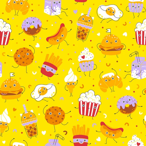 Dessert Fast Food Seamless Pattern Cute Smile Hand Drawn Nursery — Stock Vector
