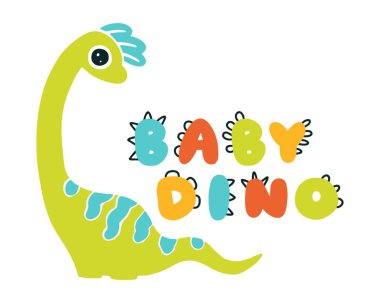 Dinozor harfleri. Dino Çocuk. Karikatür İskandinav tarzında vektör çizimi. Doğum günü davetiyesi için çocuksu tasarım ya da bebek partisi, poster, kıyafet, çocuk odası duvar sanatı ve kart.