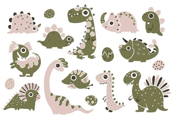 Dino Baby Set Linocut Una Collezione Simpatici Dinosauri Monocromatici Semplice — Vettoriale Stock