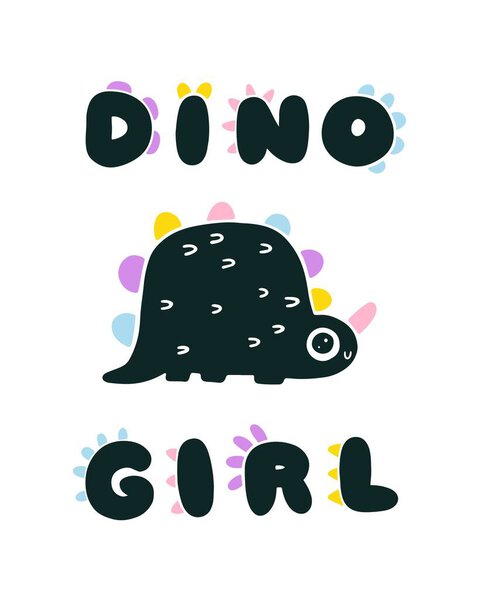 Girl Dinosaur linocut stamp vector illustration in flat dino cartoon scandinavian style with lettering. Childish design for birthday invitation or baby shower, poster, clothing, nursery wall art