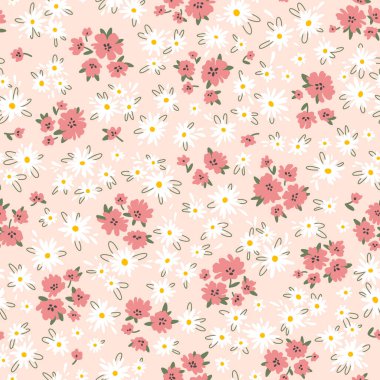 Çiçeksiz vektör deseni. Pembe arka planda güzel çiçekler. Küçük renkli çiçeklerle yazdır. Meadow basit çiçek dokusu. Ditsy çizgi film baskısı