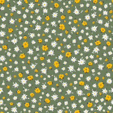 Çiçeksiz vektör deseni. Yeşil arka planda güzel çiçekler. Küçük renkli çiçeklerle yazdır. Meadow basit çiçek dokusu. Ditsy çizgi film baskısı