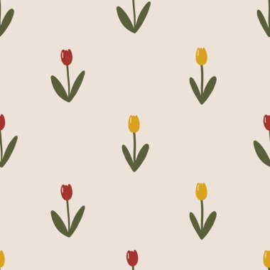 Sarı ve kırmızı laleli yumuşak, pürüzsüz vektör deseni. Bej arka plan. Cinsiyet ayrımı olmayan çocuk odası baskısı. Çocuk yatakları, kumaşlar, tekstil, duvar kağıtları, ambalaj kağıtları