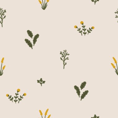 Çiçekli doğal, pürüzsüz vektör deseni. Basit bir karikatür çizimi İskandinav tarzı. Bir zanaat arka planında dünyevi organik palet. Moda illüstrasyonu