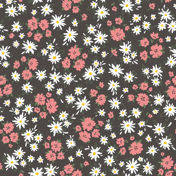 花无缝矢量图案 黑色背景上的美丽花朵 用五彩缤纷的小花印刷 草本植物质感简单 Ditsy卡通印刷品 — 图库矢量图片
