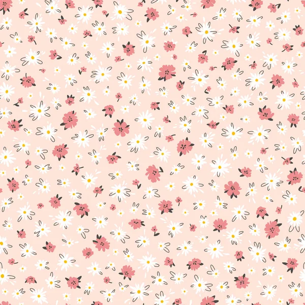 フローラルシームレスベクターパターン ピンクの背景にかわいい花が咲いています 小さなカラフルな花で印刷しています シンプルなフローラルテクスチャ デュシャンの漫画のプリント — ストックベクタ