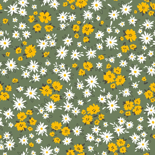 Florales Nahtloses Vektormuster Hübsche Blumen Auf Grünem Hintergrund Drucken Mit — Stockvektor