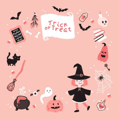 Cadılar Bayramı cadı pembe şablonu. Sihirli elementlerin elle çizilmiş basit bir çizgi filmdeki çocuksu çizimi. Yuvarlak çerçeve. Sınırlı palet yazdırmak için idealdir