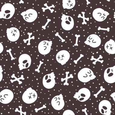 Cadılar Bayramı Kurukafalar ve kemikler koyu ve pürüzsüz desen. Beyaz arka planda izole edilmiş el çizimi çizgi filmdeki komik ölü yüzlerin çocuksu vektör çizimi. Kumaş yazdırma ve paketleme için ideal
