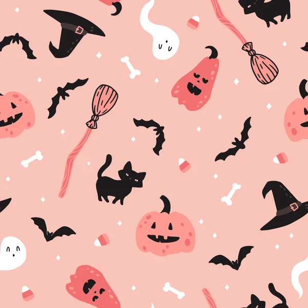 Хэллоуин Ведьма Розовый Бесшовный Шаблон Векторная Детская Иллюстрация Магических Элементов — стоковый вектор