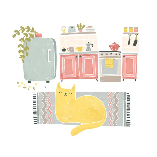 A cute kitty is lying on a vintage kitchen. Nibbled a home flower. Childish illustration in hand-drawn pencil texture style. The soft pastel palette is ideal for printing cards and books