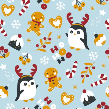 Noel tatlıları ve geyik boynuzları vektörsüz desenli penguenler. Zencefilli çörek adam, puding ve şeker. Basit İskandinav tarzında elle çizilmiş çocuksu çizimler