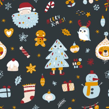 Noel Baba, zencefilli kurabiye adam, komik Noel ağacı, penguen, kardan adam ve şapkalı komik ayı. Basit İskandinav tarzında elle çizilmiş çocuksu çizimler