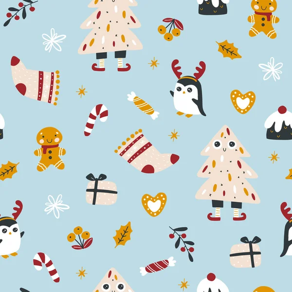 Christmas Sweets Penguin Deer Horns Funny Christmas Tree Vector Seamless — Stock Vector