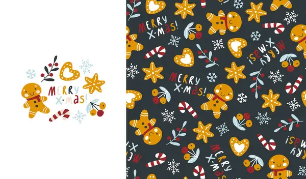 Noel eğlenceli baskısı ve zencefilli kurabiye adam, kurabiye, böğürtlen ve harf ile kusursuz desen. Basit İskandinav tarzında elle çizilmiş çocuksu çizimler. Vektör izole et