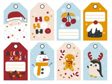 Hediye etiketleri için Noel çıkartmaları koleksiyonu. Basit bir el çizimi modern çocuksu tarzda komik karakterler ve dekorasyon. Sınırlı eğilim paletinde vektör illüstrasyonu