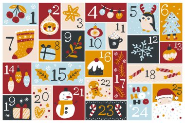 Noel şablonları ve etiketleri sevimli karakterler ve farklı şekillerde neşeli elementler içeren hediyeler için hazırlanmış, çocuksu bir el çizimi tarzında, harflerle ve gelecek takvim için rakamlarla..
