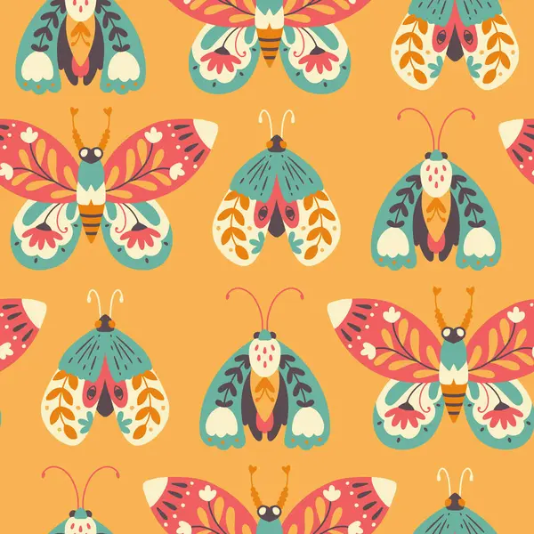 Moth Seamless Pattern Butterfly Decorated Collection Flowers Hand Drawn Doodle — Stock Vector