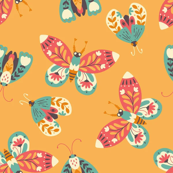 飞蛾无缝图案 蝴蝶一种饰有花束的蝴蝶用简单的丑闻风格手绘涂鸦图解 面团调色板 橙色背景的矢量 — 图库矢量图片