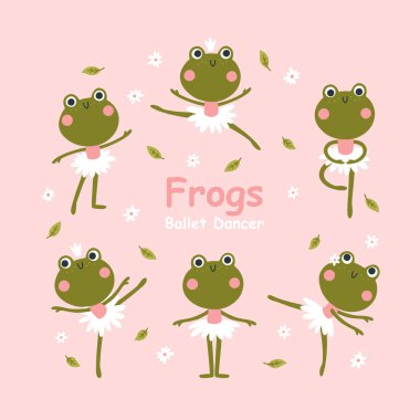 Frogs ballerinas set. Vector illustration of cute characters in ballet tutus in different poses dancing ballet. The hand-drawn cartoon in a limited palette is ideal for baby textiles and clothing clipart