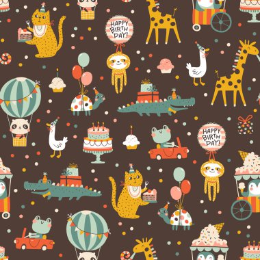 Sevimli hayvanlarla birlikte kusursuz doğum günü şablonu. Vektör el, neşeli elementlerin ve komik karakterlerin karikatür çizimi. Klasik neşeli pastel palet hediye paketlemek için mükemmeldir.