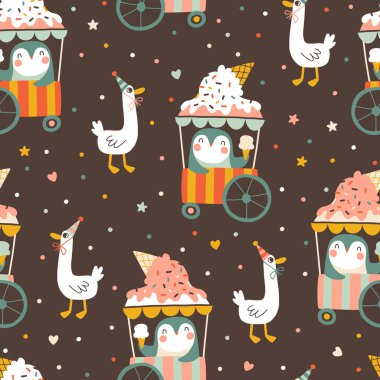 Ördeğe dondurma satan sevimli bir penguenle birlikte kusursuz bir doğum günü. Vektör el, neşeli elementlerin ve komik karakterlerin karikatür çizimi. Eski, eğlenceli pastel palet