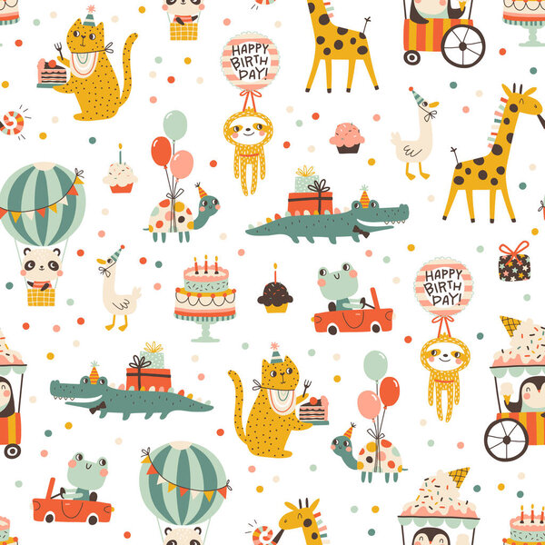 Birthday seamless pattern with cute animals. Vector hand drawn cartoon illustration of festive elements and funny characters. Vintage cheerful pastel palette is perfect for gift wrapping