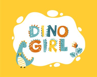 Dino kız fotoğraf çerçevesi, metin ya da davetiyeler için şablonlar. Renkli bir palette komik çizgi film karakterinin vektör çizimi. Elle çizilmiş İskandinav tarzı bir karalama